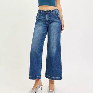 RISEN High Rise Wide Leg Jeans With Pocket Button‎ Detail